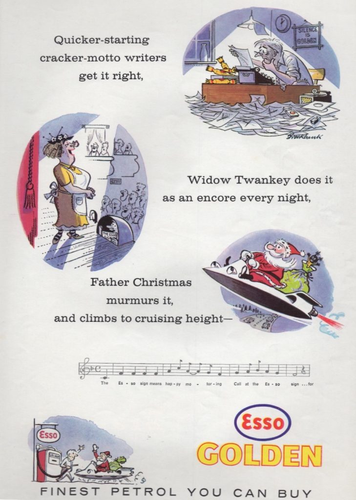 Esso ad with cartoon images of a copywriter, Widow Twankeuy, and Santa in a flying sled.